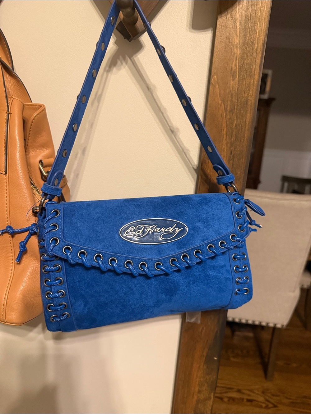 Ed Hardy Royal Blue Suede Shoulder Bag with Grommet Accent